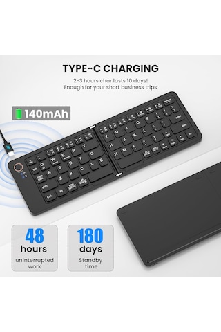 Coverzone Katlanabilir Kablosuz Bluetooth Klavye Ent 67 Tuş Makas Mekanizmalı, İos Android Windows Uyumlu, Usb-c Şarjlı, 150 Mah Batarya, 10 M Menzil, Çift Katlanır Taşınabilir Tasarım B028 Siyah