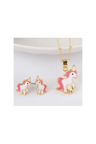 Unicorn Altın Gold Renkli Taşlı Kolye Ve Küpe Hediye Sade Şık Çocuk Takı Seti Çok Renkli