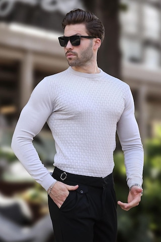 Madmext Gri Desenli Erkek Triko Kazak 7266 Gri