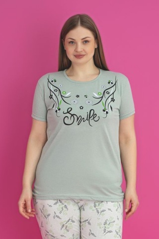 X-dreamy Büyük Beden Pamuklu Çiçekli Kısa Kollu Pijama Takımı Yeşil