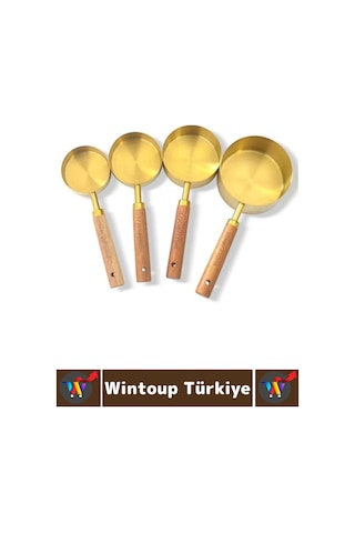 Pratik Mutfak Yemek Hazırlık Bakliyat Sıvı Ölçüm Estetik Gold Renk 4lü Ahşap Saplı Metal Ölçü Kaşığı Çok Renkli