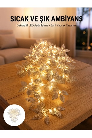 Gümüş Yaprak Tasarımlı Led Işık Pilli Ev Ve Vitrin Dekoru Renkli 03554600