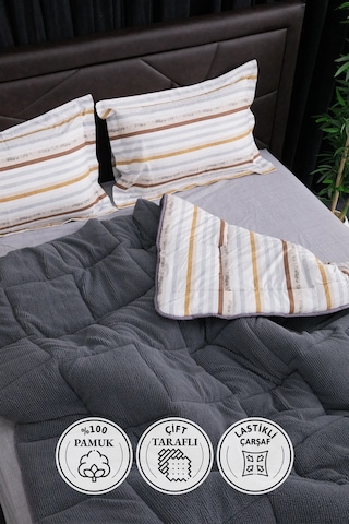 Oso Blanco Sherpa Çift Kişilik Comforter Uyku Seti - Antrasit