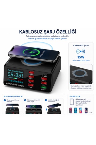 8 Portlu 7 Usb + Type-c Pd Çoklu Şarj İstasyonu Kablosuz + Kablolu Şarj Bir Arada