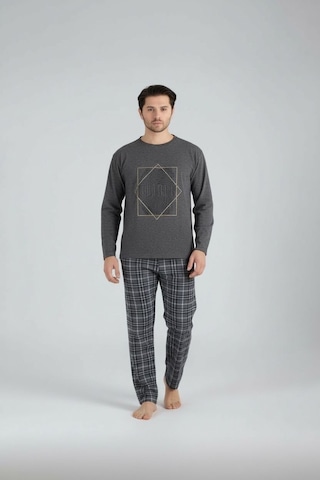 Lukitus Uzun Kol Sıfır Yaka Pamuklu Erkek Pijama Takımı Füme Vlknekose Füme