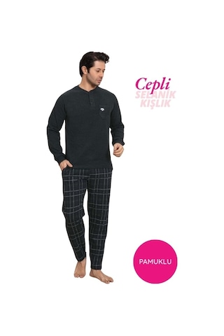 Erkek 3 Düğme Göğüs Cepli Kışlık Pamuklu Selanik Kumaş Uzun Manşetli Kol Cepli Pijama Takımı Koyu Yeşil