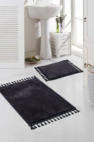 Vl Yıkanabilir Premium Ponpon Saçaklı Kaymaz Taban Post Peluş Banyo Paspası 2'li Takım Antrasit Siyah