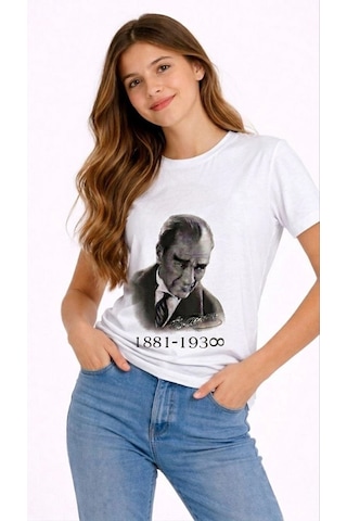 Novalisse Kız Çocuk Atatürk Baskılı Tişört Kısa Kollu Bisiklet Yaka T-shirt - Beyaz Çoklu Renk