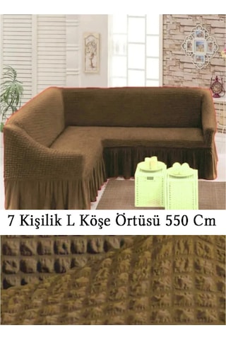 Upmall Bürümcük 7 Kişilik Köşe Koltuk, Kanepe Örtüsü, Koltuk Kılıfı, Lastikli, Etekli, L Köşe 550 Cm Kahve Kahverengi