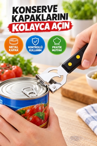 Metal Kavanoz Kapağı Ve Konserve Açacağı Siyah Saplı Çok Amaçlı Pratik Kapak Açıcı Gümüş