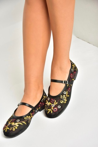Fox Shoes U267853215 Siyah File Çiçek Motifli Kadın Babet Siyah-file Siyah