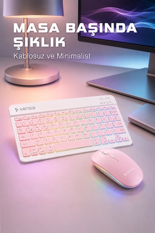 Tablet Ve Bilgisayar İçin Rgb Led Işıklı Taşınabilir Kablosuz Bluetooth Klavye Ve Dongle'lı Mouse Seti Pembe