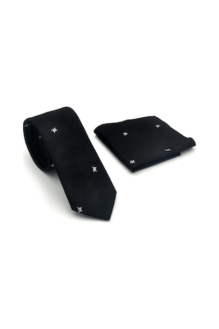 Gaffy Siyah Şal Desenli Dokuma Kumaş Mendilli Slim Fit Kravat // Sdk-2604-1 Siyah
