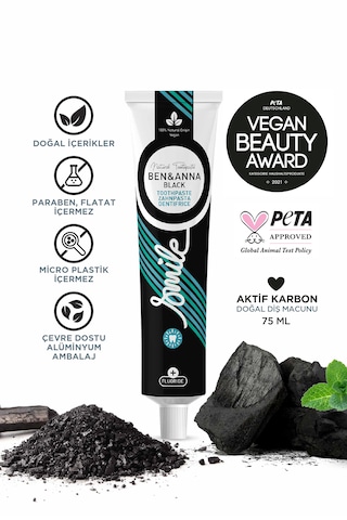 Ben & Anna Vegan Doğal Diş Macunu 2 Li Set Aktif Karbon + Hindistan Cevizi Aromalı Florürlü Diş Minesi Bakımı