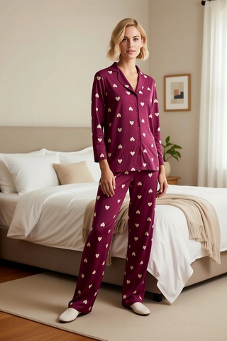 Benerly Kadın Gömlek Yaka Standart Kol Regular Kalıp Pijama Takımı Fonksi Koyu Vişne