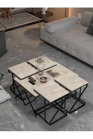 Orta Sehpa Ve Zigon Sehpa V Lüx 5'li Set Traverten Bej