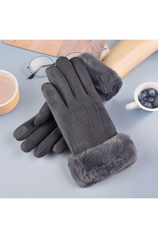 Geeksen Kadınlar Kışlık Dokunmatik Ekranlı Floklu Kalın Pamuk Eldiveni - Sıcak Tutucu, Ev/seyahat/sürücü İçin Gri - Tek Beden