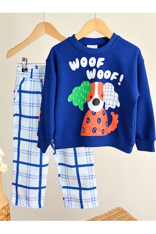 Elzo Collection Erkek Çocuk Woof Yazı Ve Köpek Baskılı Sweatshirt Kareli Gabardin Denim Pantolon Alt Üst Takım Çok Renkli