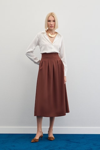 Sateen Pileli Midi Etek - Kahve-136478 Kahve
