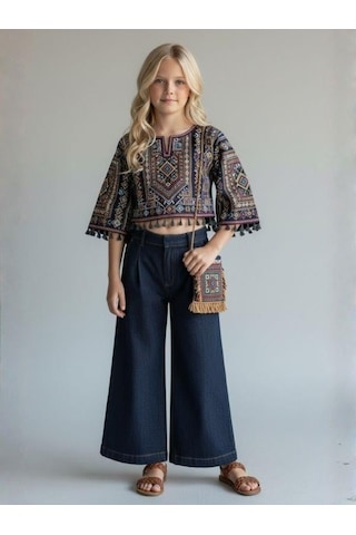 Zekids Kız Çocuk Yüksek Bel Bol Paça Jean Pantolon-16966 Lacivert