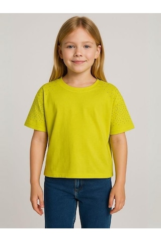 Kız Çocuk Taş İşlemeli Pamuklu T-shirt-15981 Sarı