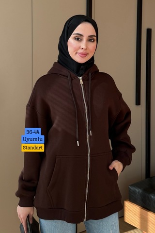 Balenbi Kadın 3 İplik İçi Polarlı Kapüşonlu Tesettür Basic Sweat Hırka 395 Kahvarengi