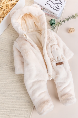 Premium Kalite Peluş Pamuk Penye Astarlı Ayıcık Fiğürlü Kışlık Kız-erkek Bebek Tulum Krem