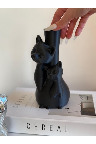 Plastik Yapay Çiçeklerle Uyumlu Kedi Figürlü Şık Ve Sevimli Dekoratif Vazo Siyah