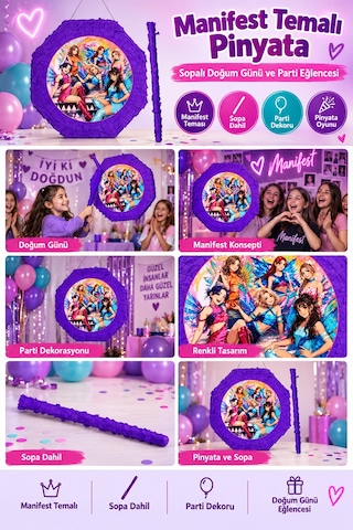 Manifest Kız Grubu Mor Pinyata 42 Cm Sopalı Doğum Günü Parti Oyunu Ve Dekorasyon Süsü Çok Renkli