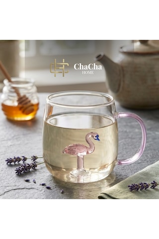 Flamingo Figürlü Borosilikat Cam Kupa 350 Ml Renkli Kulplu Kahve Kupası Dekoratif Hediye Bardak Açık Pembe