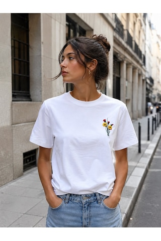 Yubistitch Tshirt Nakış İşlemeli 3d Çiçek-kalın- Beyaz