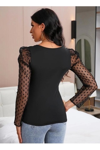 Defymoda Kadın Uzun Kollu Omuz Inci Kollar Tül Detay Viskon Bluz Siyah