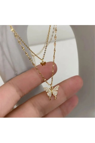 Girift Vintage Silk Kelebek Figürlü İki Katmanlı Zarif Kolye Gold