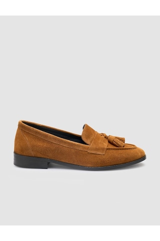 %100 Hakiki Deri Taba Süet Kadın Loafer Taba