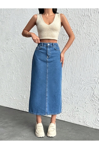 Dema Kadın Mavi Renk Yüksek Bel Pamuklu Bilek Boy Denim Etek