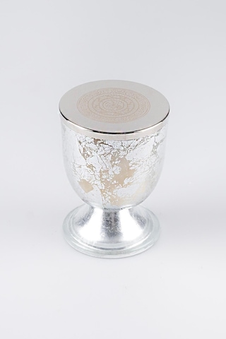 Gümüş Varak Eskitme Ayaklı Cam Mumluk Kokusuz Mum Logo Kapaklı Küçük 8.5x11.5 Cm