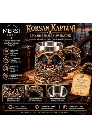Korsan Kaptanı Tasarımlı 3d Kabartmalı Paslanmaz Çelik Kupa Bardak 12x9 Cm Çok Renkli