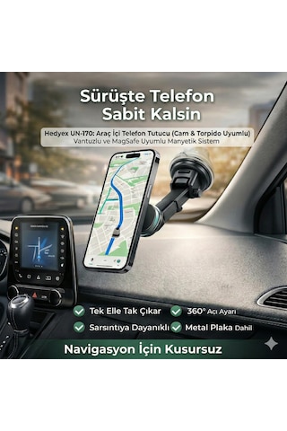 Hedyex Un-170 Araç İçi Telefon Tutucu Vantuzlu Mıknatıslı Cam Ve Torpido Uyumlu