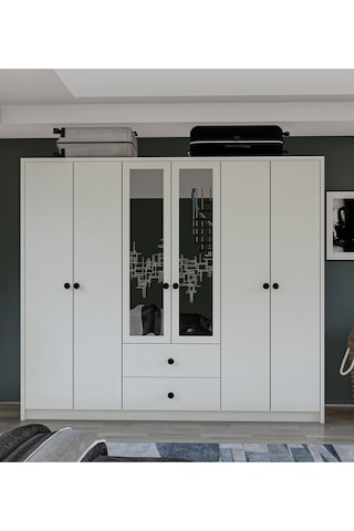 Metalia Gm 036 Lüx 6 Kapı 2 Çekmeceli Düğme Kulplu Aynalı Gardırop