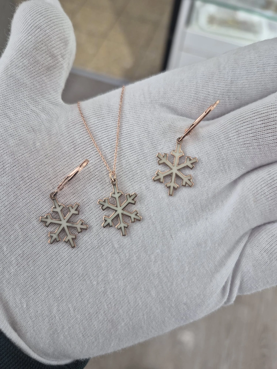 925 Ayar Papatya Silver Kar Tanesi Kolye Küpe Set.rose.gold.rodaj Gümüş
