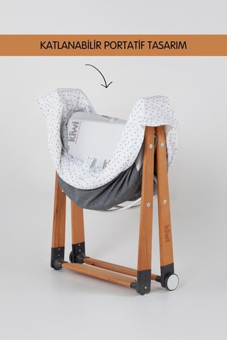 Kiwi Sleeper Anne Yanı Beşik, Portatif, Sallanır, Katlanır, Tekerlekli Bebek Beşiği - Luna Desen Gri