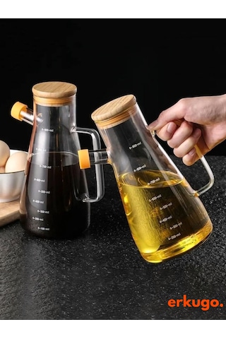 2 Adet Vakumlu Bambu Kapaklı Borosilikat Yağdanlık, Zeytinyağı Sıvıyağ Şişesi, Yağlık 900 Ml Oilpot