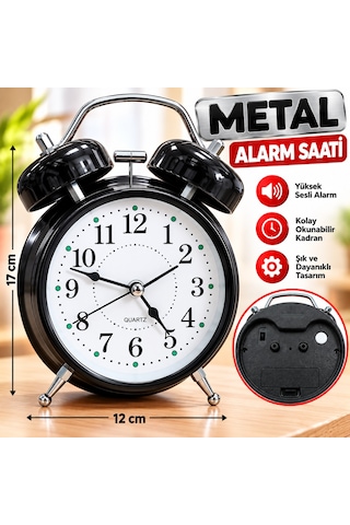 Metal Çalar Saat 12x17 Cm Yüksek Sesli Alarm, Şık Ve Dayanıklı Tasarım Siyah