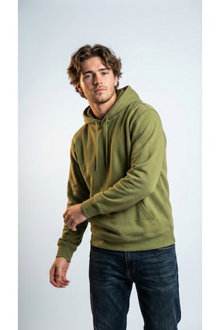 Hoxie Unisex Rahat Kesim Pamuklu Yumuşak Dokulu İçi Polarlı Basic Desenli Kapüşonlu Sweatshirt Yeşil