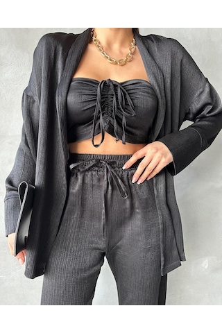 Fashion Cocktail Soft Yumuşak Saten Kumaşlı Büzgü Bağlama Lastikli Kroplu Ceketli Pantolonlu 3 Lü Takım Siyah