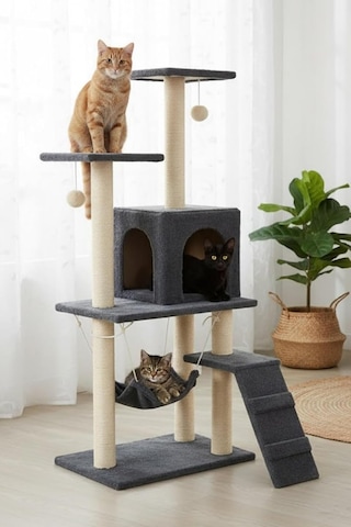 Pet B-07 Hamaklı Yuvalı Lüx Kedi Tırmalama Oyun Evi Antrasit