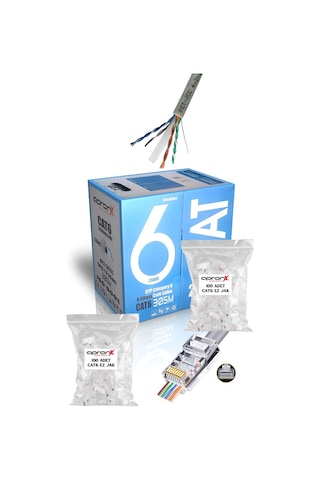 Apronx Cat6 23awg 305 Metre 0,50mm Gri Utp Kablo + 200 Adet Ez Jak