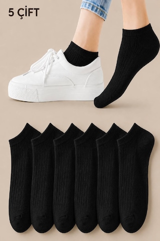 Worthy Socks 5'li Kadın Fitilli Kısa Siyah Patik Çorap