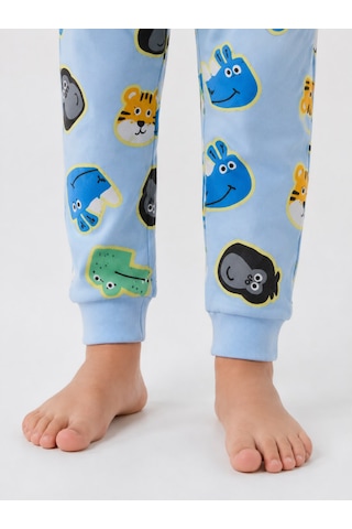 Durukoza %100 Pamuk Erkek Çocuk Pijama Takımı Hayvan Baskılı 4 Mevsim Açik Mavi