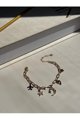 Altın Kaplama Yıldız, Ay Ve Kalp Figürlü Çelik Zincir Bileklik Altın
